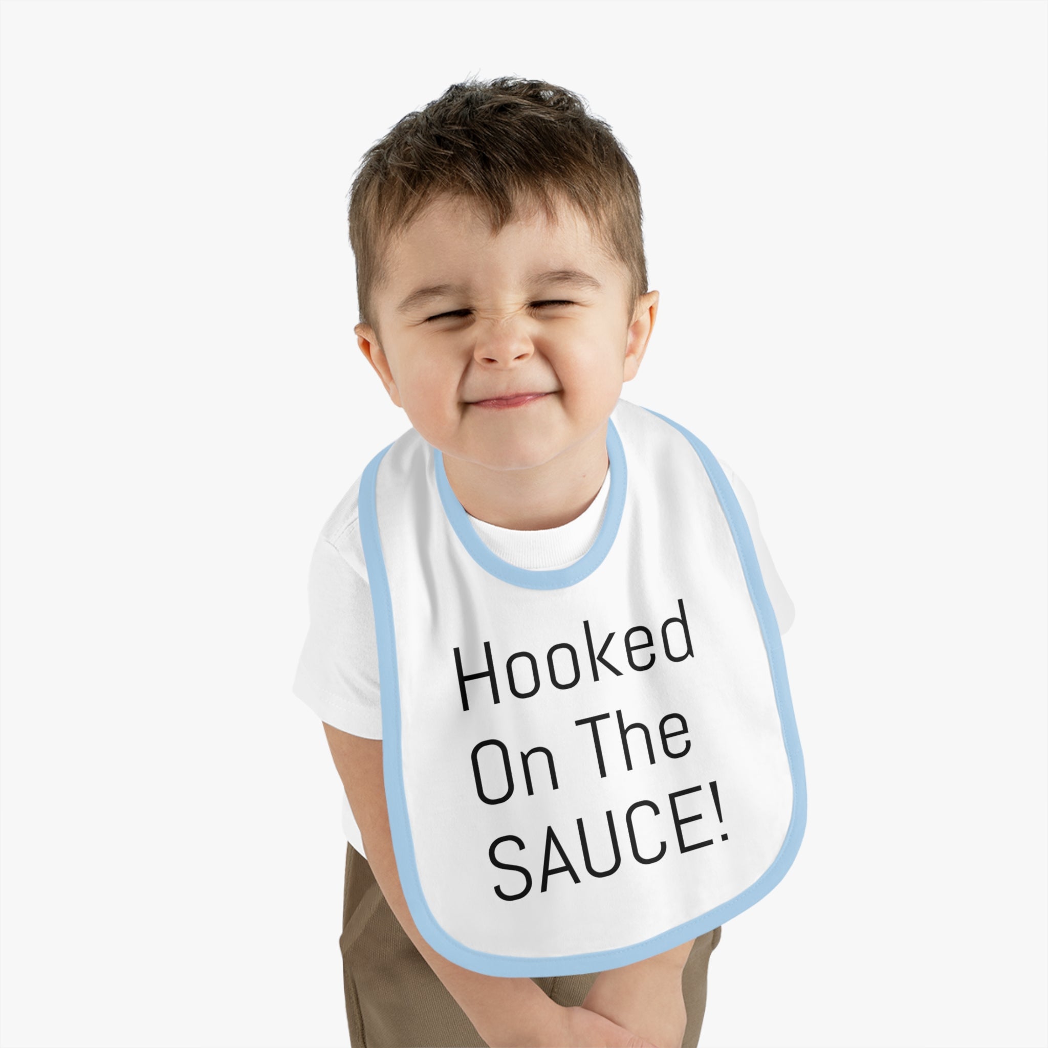 Baby Bib with Contrast Trim - Cute "Hooked On The SAUCE!" Design, Perfect for Mealtime, Gift for New Parents, Baby Shower, Fun Baby Outfit