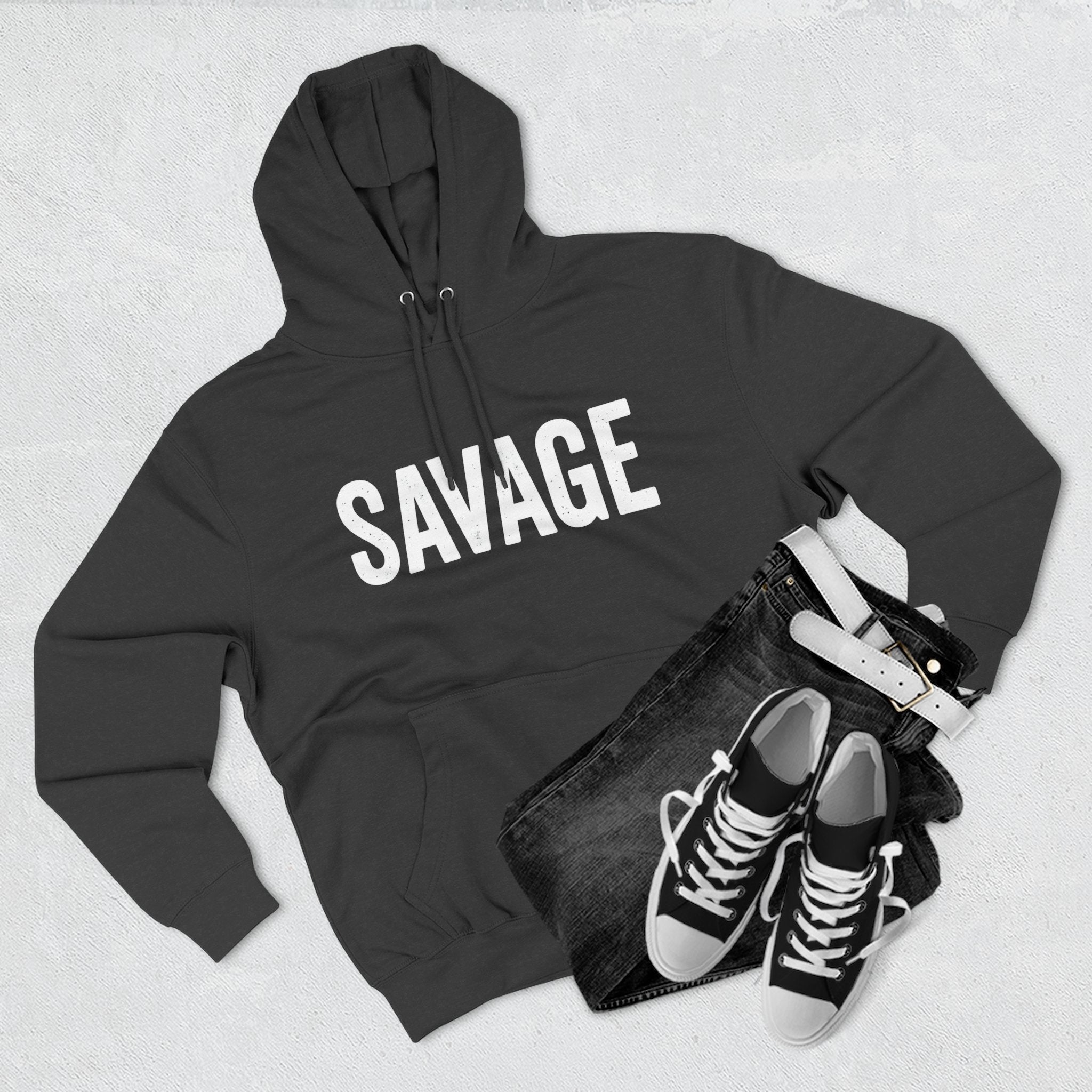 Savage Three-Panel Fleece Hoodie, Cozy Streetwear, Gift for Trendsetters, Fall Fashion, Casual Wear, Unique Hoodie