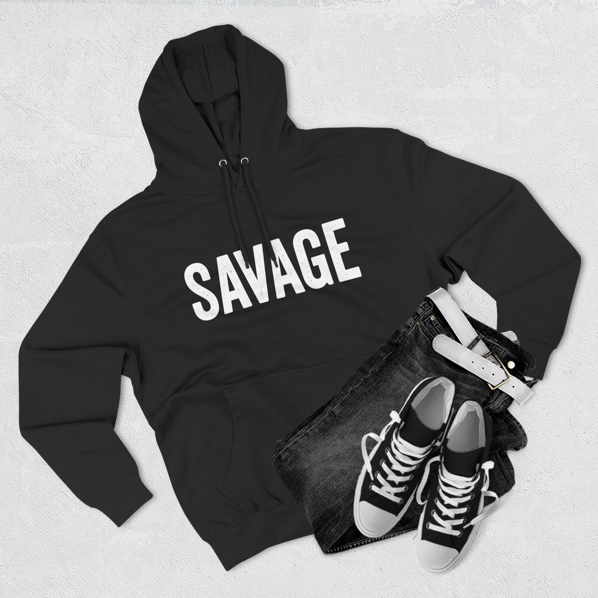 Savage Three-Panel Fleece Hoodie, Cozy Streetwear, Gift for Trendsetters, Fall Fashion, Casual Wear, Unique Hoodie