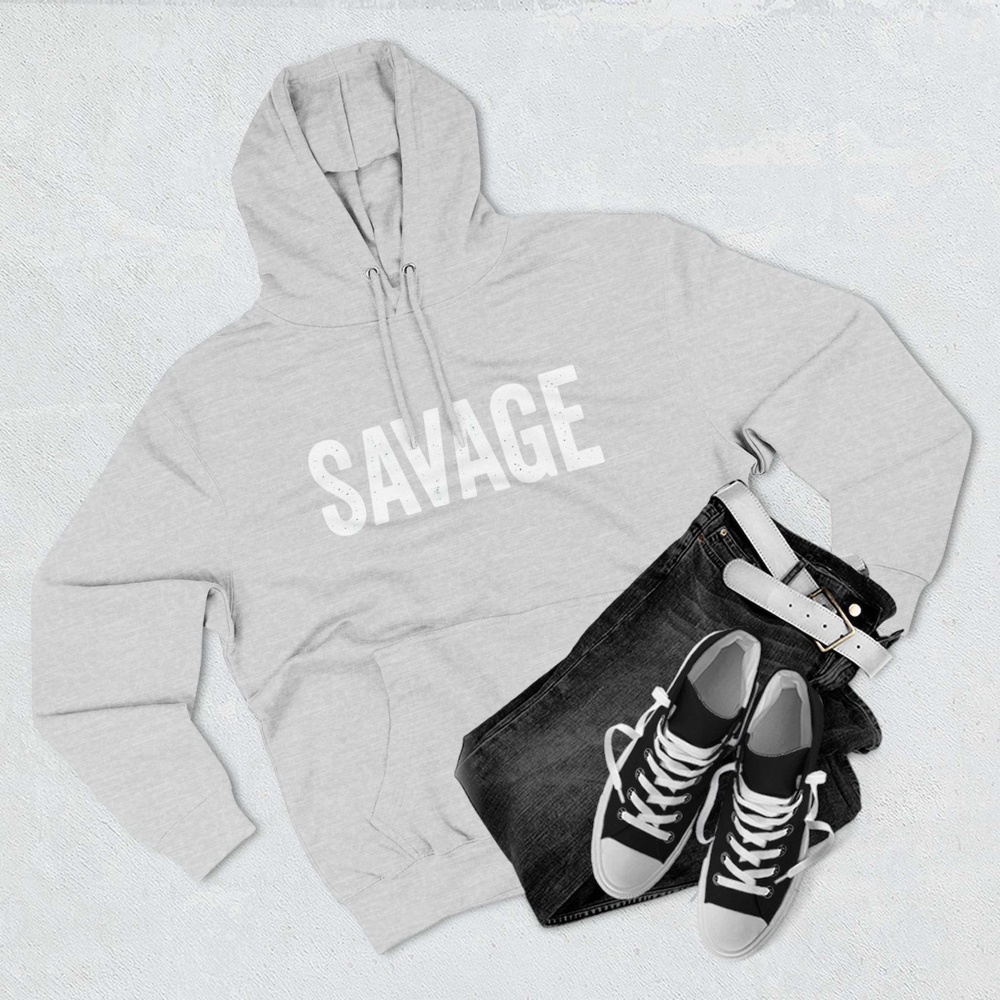 Savage Three-Panel Fleece Hoodie, Cozy Streetwear, Gift for Trendsetters, Fall Fashion, Casual Wear, Unique Hoodie