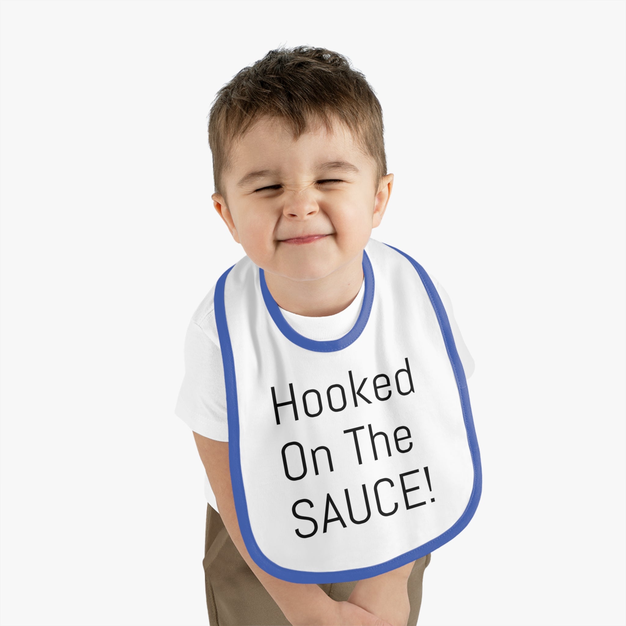 Baby Bib with Contrast Trim - Cute "Hooked On The SAUCE!" Design, Perfect for Mealtime, Gift for New Parents, Baby Shower, Fun Baby Outfit