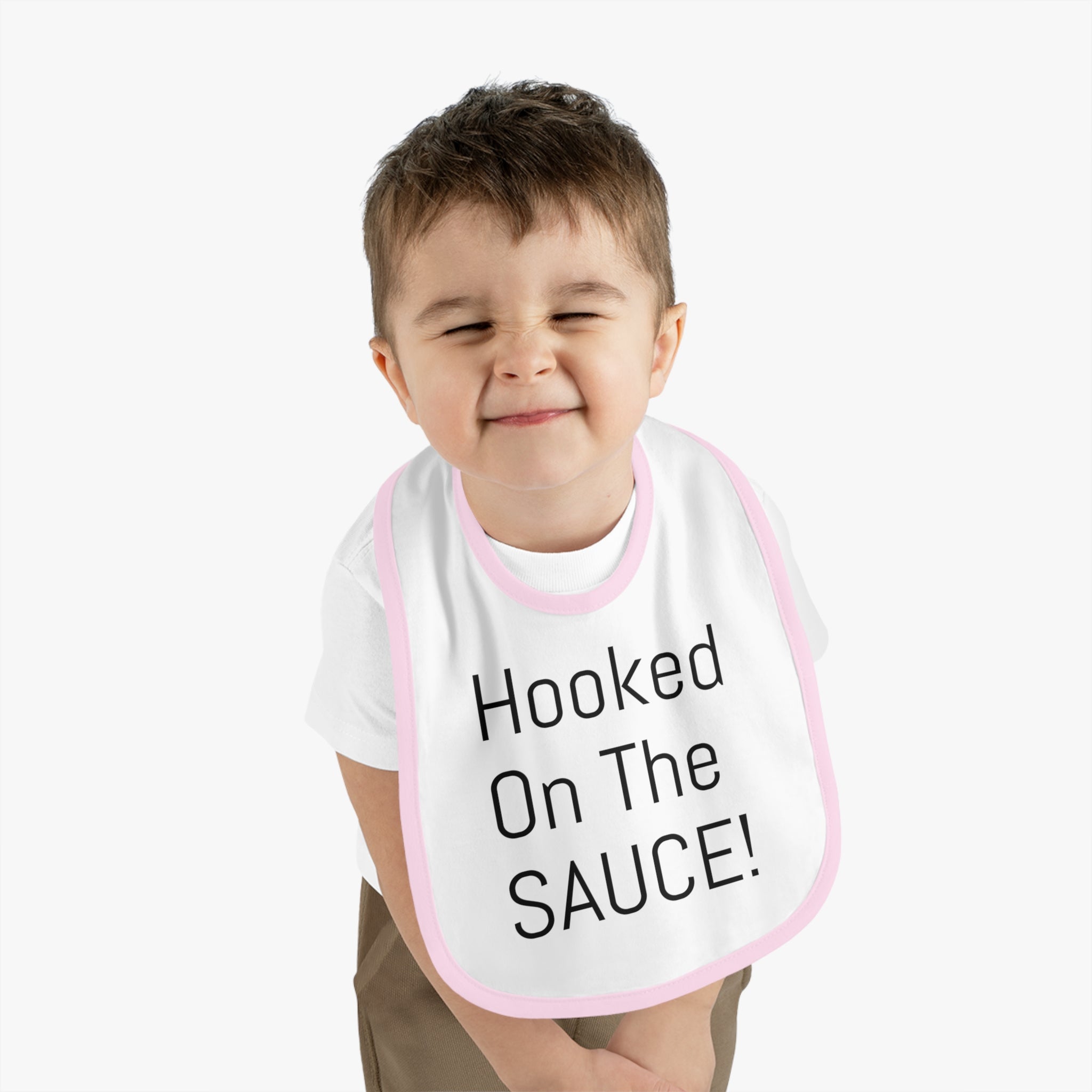 Baby Bib with Contrast Trim - Cute "Hooked On The SAUCE!" Design, Perfect for Mealtime, Gift for New Parents, Baby Shower, Fun Baby Outfit