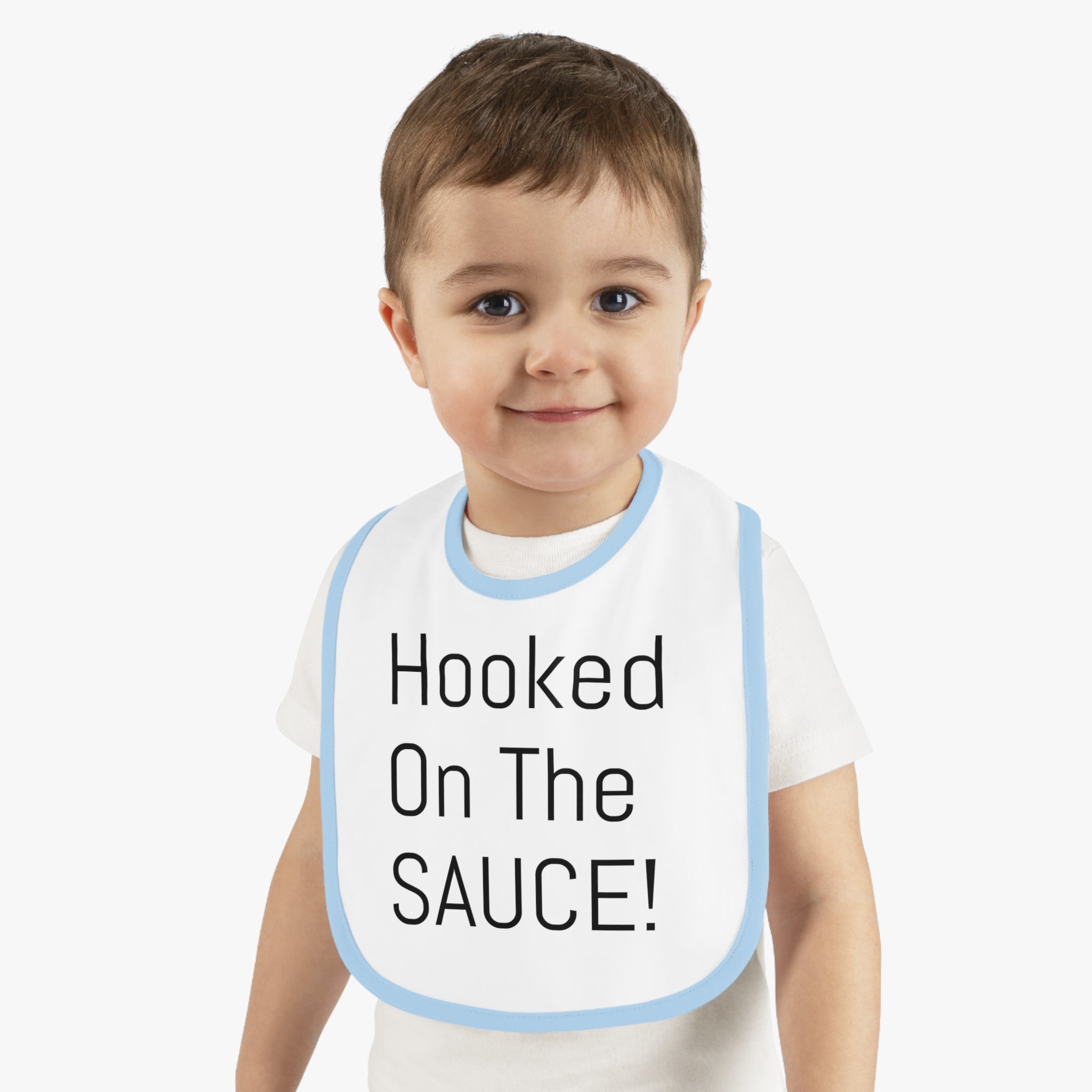 Baby Bib with Contrast Trim - Cute "Hooked On The SAUCE!" Design, Perfect for Mealtime, Gift for New Parents, Baby Shower, Fun Baby Outfit