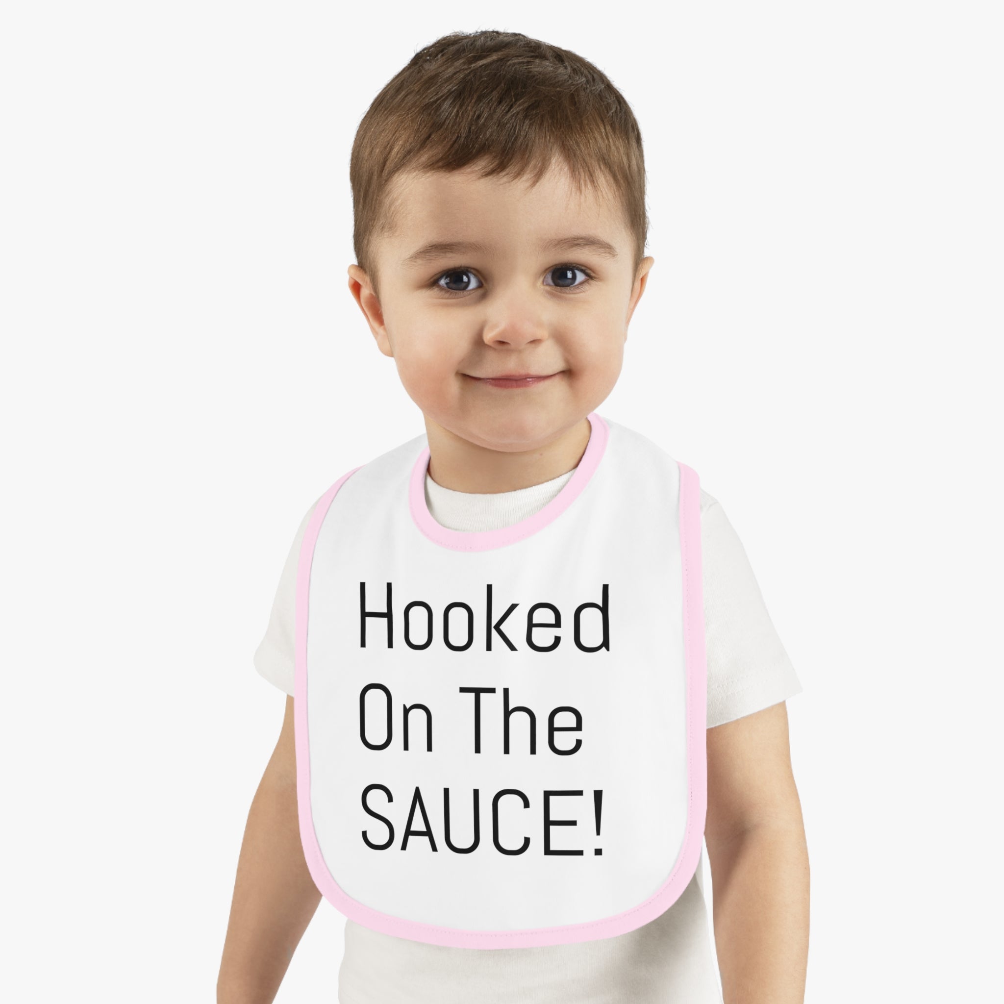 Baby Bib with Contrast Trim - Cute "Hooked On The SAUCE!" Design, Perfect for Mealtime, Gift for New Parents, Baby Shower, Fun Baby Outfit