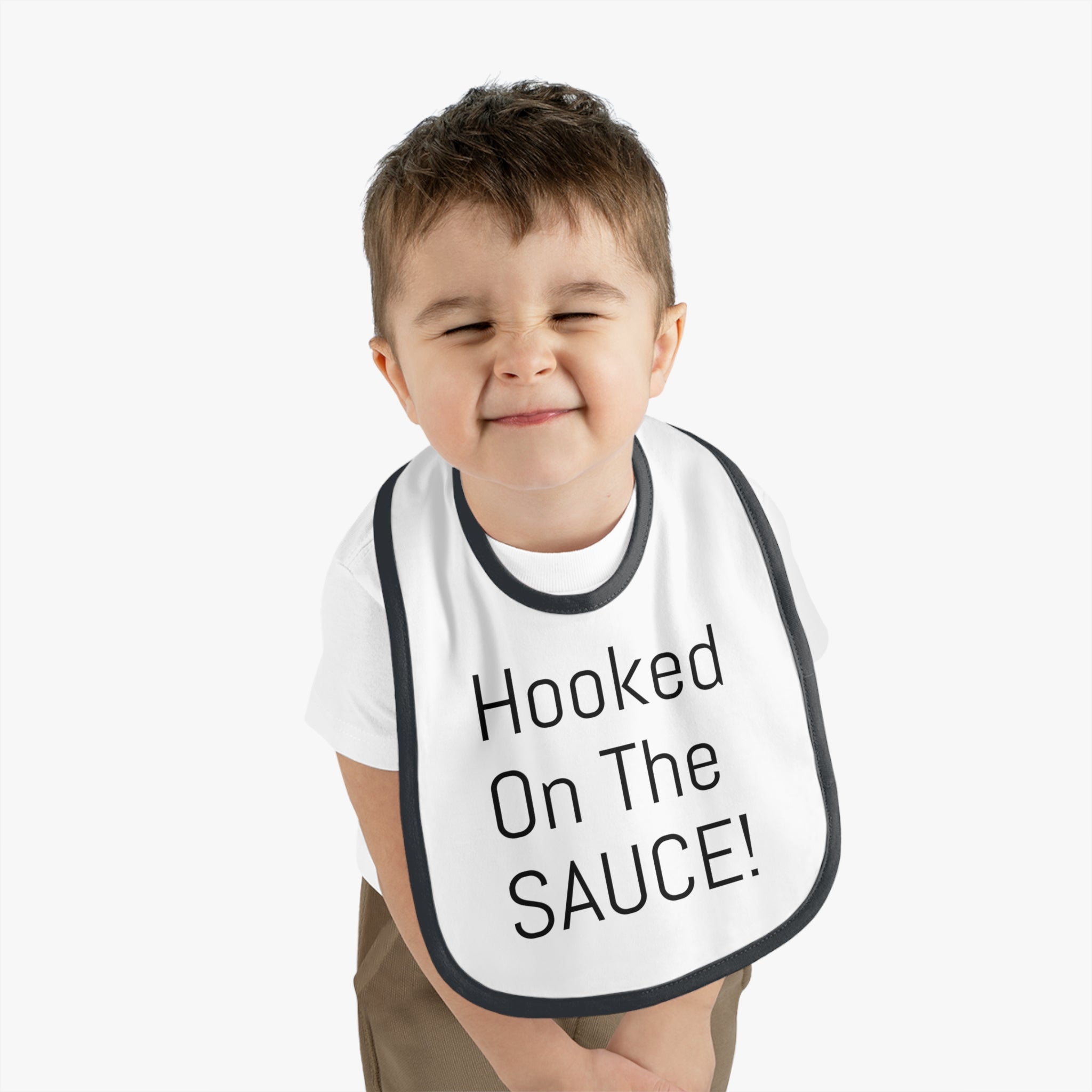 Baby Bib with Contrast Trim - Cute "Hooked On The SAUCE!" Design, Perfect for Mealtime, Gift for New Parents, Baby Shower, Fun Baby Outfit