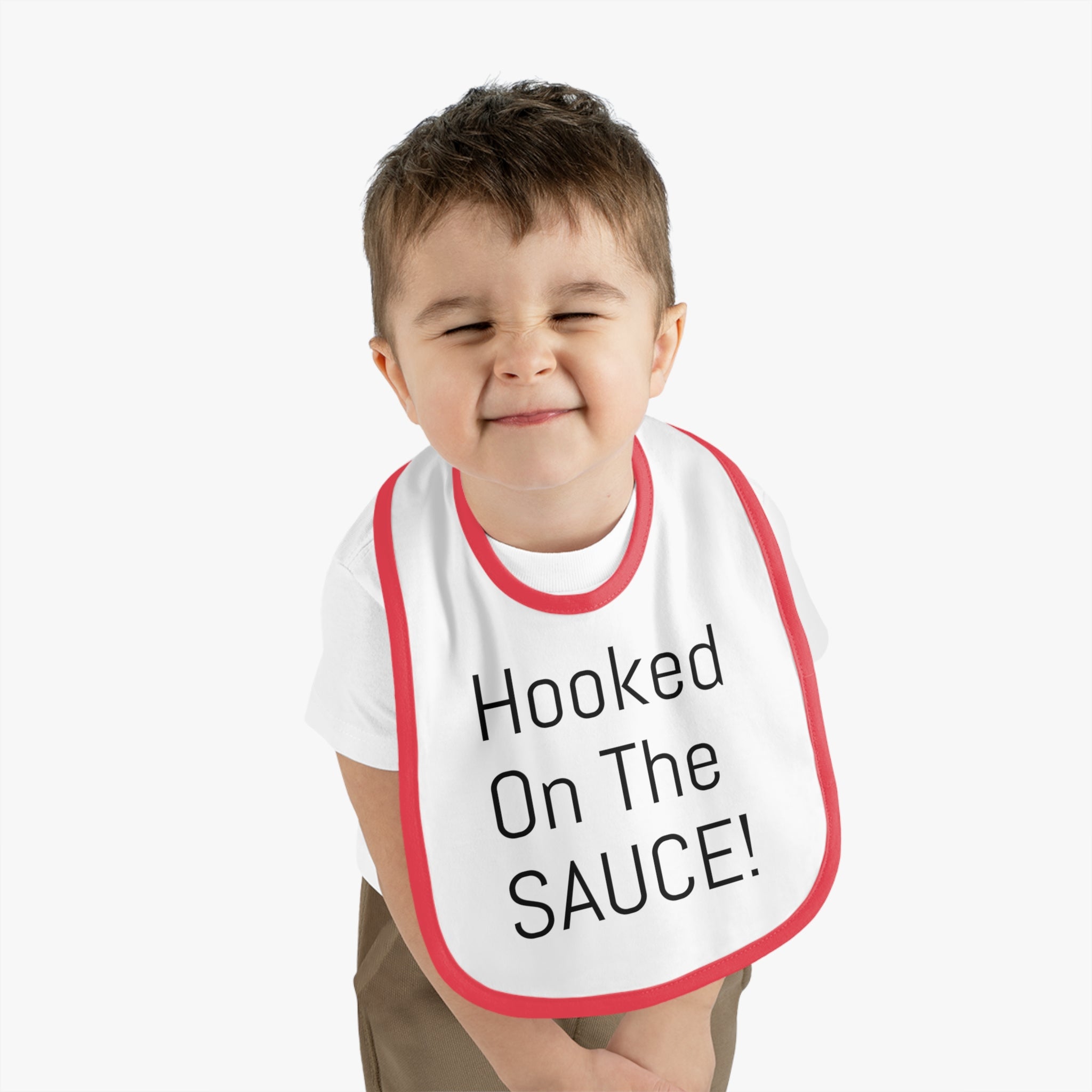 Baby Bib with Contrast Trim - Cute "Hooked On The SAUCE!" Design, Perfect for Mealtime, Gift for New Parents, Baby Shower, Fun Baby Outfit