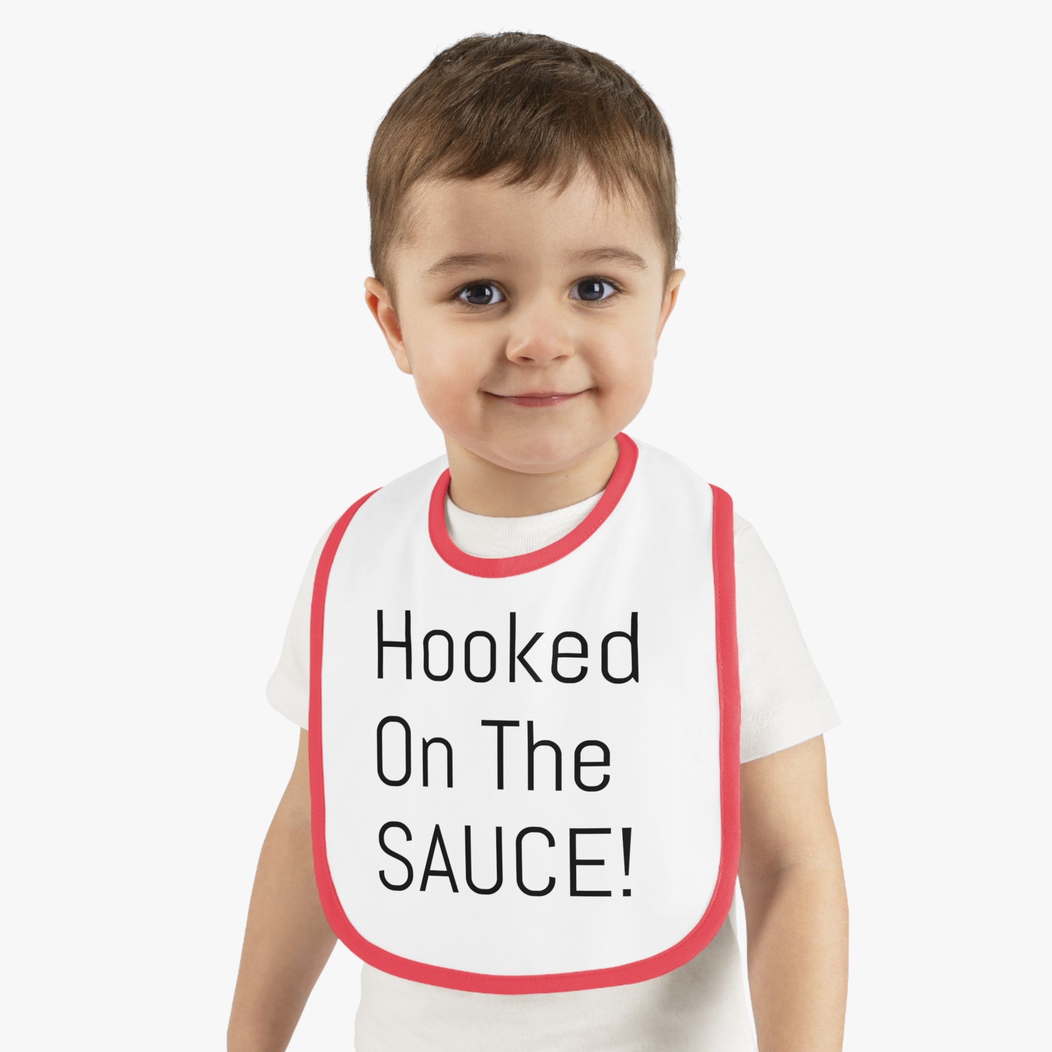 Baby Bib with Contrast Trim - Cute "Hooked On The SAUCE!" Design, Perfect for Mealtime, Gift for New Parents, Baby Shower, Fun Baby Outfit