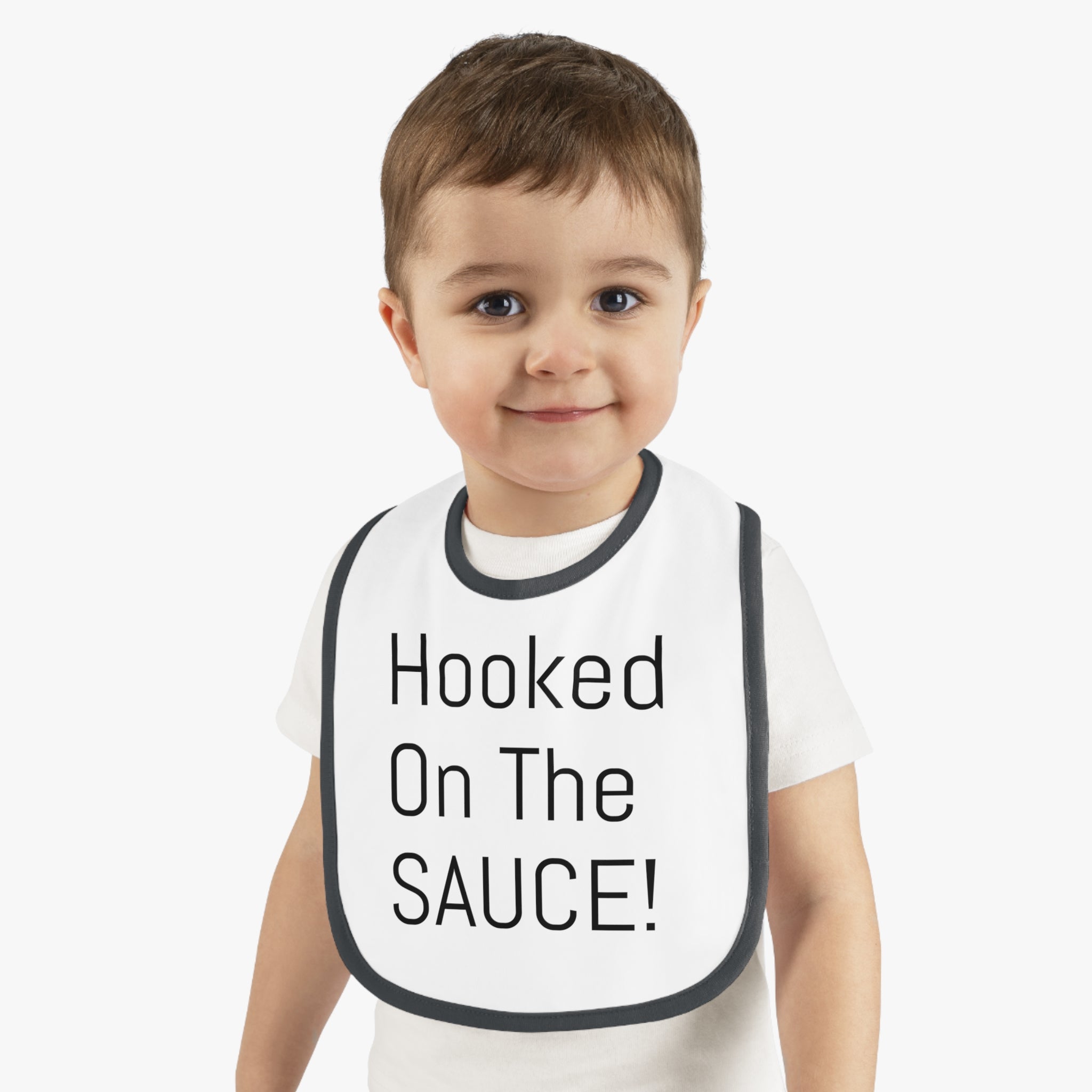 Baby Bib with Contrast Trim - Cute "Hooked On The SAUCE!" Design, Perfect for Mealtime, Gift for New Parents, Baby Shower, Fun Baby Outfit