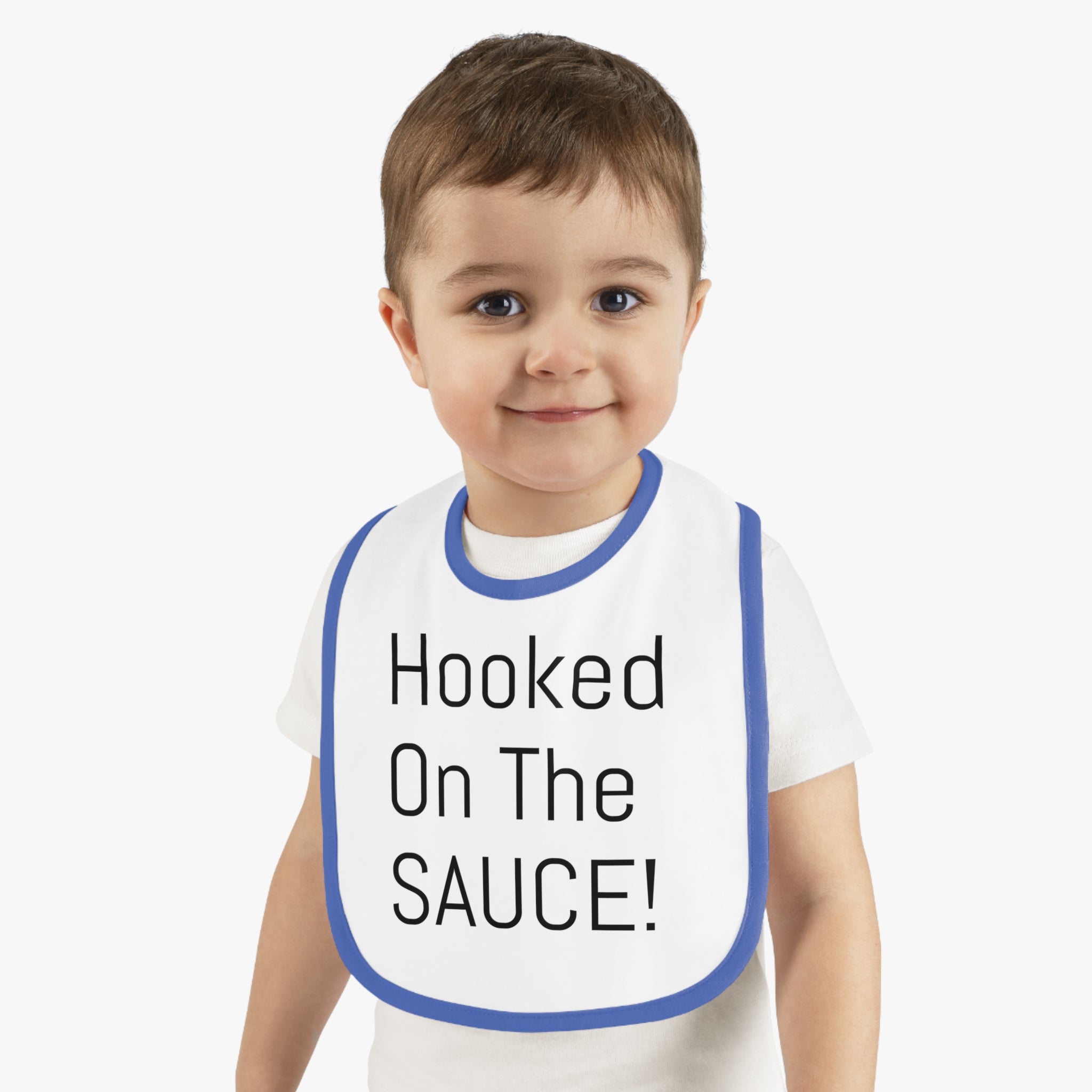 Baby Bib with Contrast Trim - Cute "Hooked On The SAUCE!" Design, Perfect for Mealtime, Gift for New Parents, Baby Shower, Fun Baby Outfit